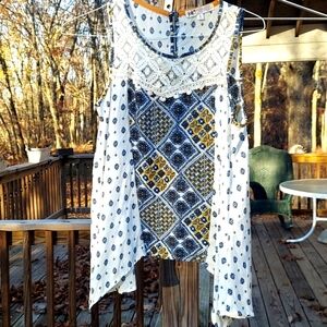 Jolt Flowy Boho Floral Embroidered Lace Asymmetrical Flowy Tank Sz S